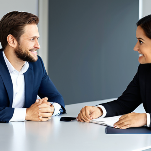 Home 25 A professional businesswoman and a professional businessman, both fully clothed in modest, appropriate business attire, are seated at a sleek modern office conference table. The businesswoman is speaking, her facial expression displaying a polite smile, yet her eyes convey a hint of contemplation, while her hands are gently clasped on the table. The businessman across from her is attentively observing, maintaining an open posture with uncrossed arms, focusing on understanding her subtle non-verbal cues. The setting is bright and professionally lit, emphasizing a clear, high-quality image. Perfect anatomy, correct proportions, natural poses, well-formed hands, proper finger count, natural body proportions, safe for work, appropriate content, fully clothed, professional.