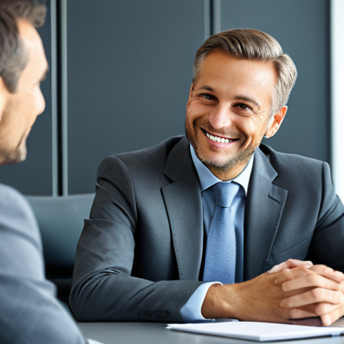 Home 24 A professional businessman in a modest dark grey suit, seated at a modern conference table, engaged in a discussion. He exhibits perfect anatomy and correct proportions, a natural pose. His gaze is direct and open, conveying sincerity, while a slight, genuine smile with subtle crinkling around the eyes suggests a positive demeanor. His well-formed hands are resting calmly on the table, indicating openness. The environment is a bright, professional office meeting room with clean lines and soft lighting. safe for work, appropriate content, fully clothed, professional, high quality, professional photography.