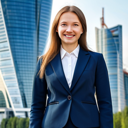 Home 23 **
A successful businesswoman in a stylish, yet modest, business suit (skirt and jacket) standing in front of the Moscow International Business Center ("Moscow City") skyscrapers. She is holding a modern smartphone and smiling confidently. The background is slightly blurred, emphasizing her as the subject. Fully clothed, appropriate attire, safe for work, perfect anatomy, natural proportions, professional portrait, high quality, bright daylight. Family-friendly.
**