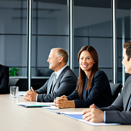 Home 22 Business Communication**
"A professional businesswoman in a modest, dark-gray business suit, seated at a large conference table, engaging in a lively discussion with colleagues in a brightly lit modern office setting, fully clothed, appropriate attire, safe for work, perfect anatomy, natural proportions, professional photography, high quality, family-friendly."
**